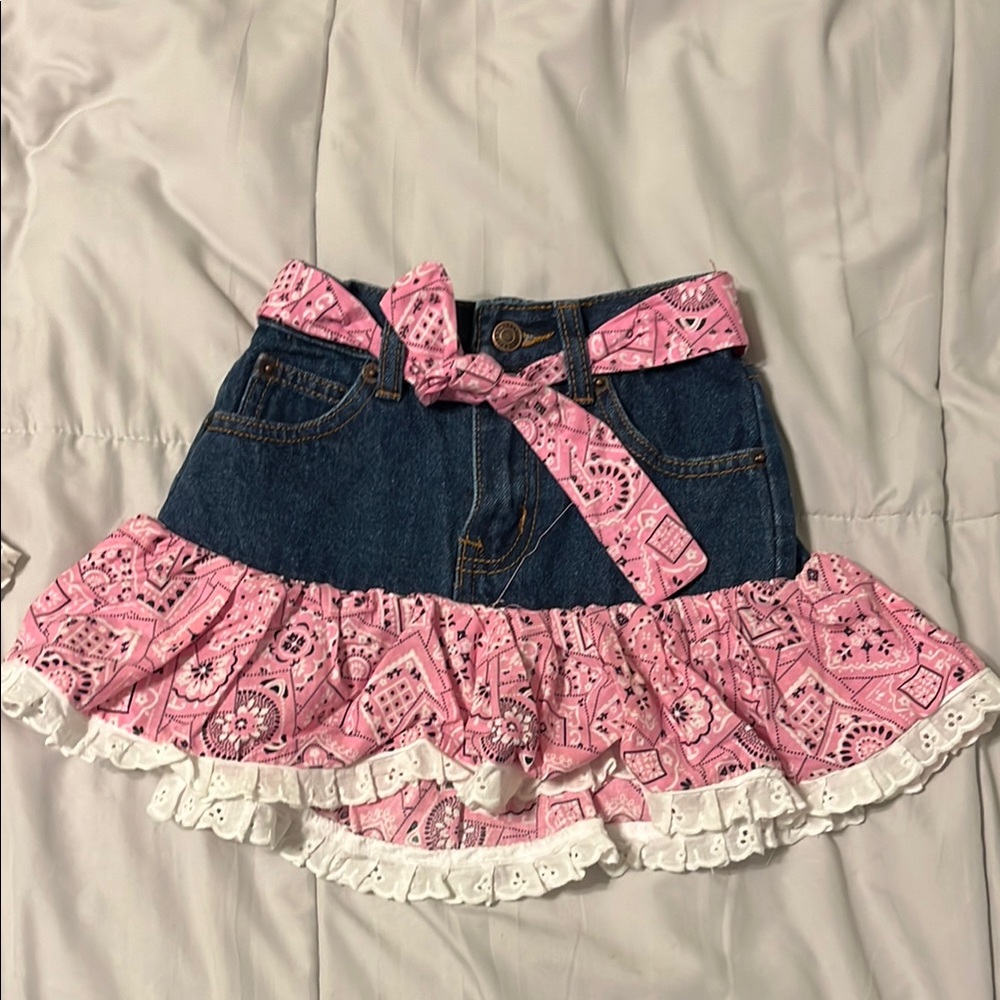 Pink and Blue Denim Skirt with Ruffle Hem
